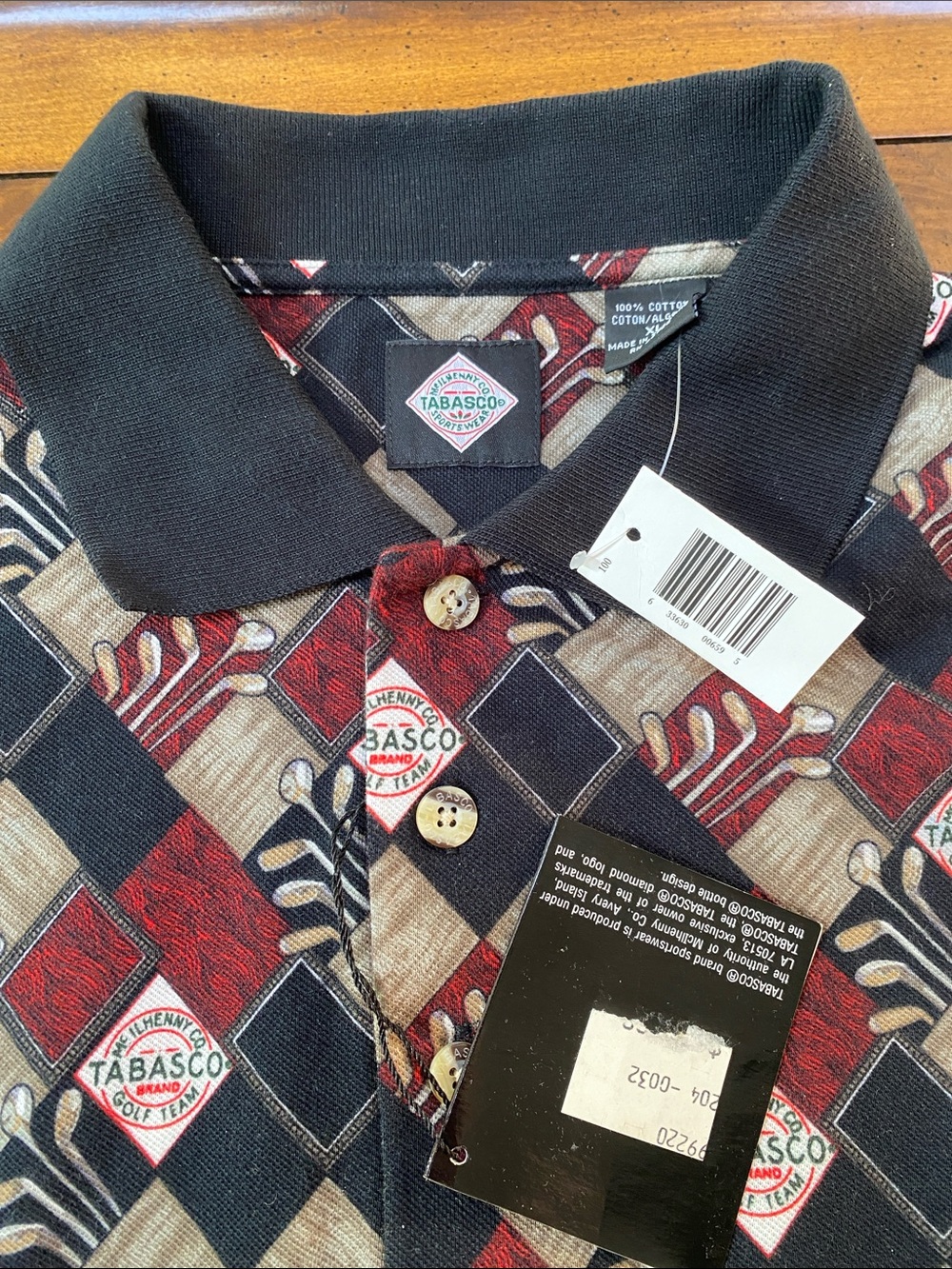 Tabasco NWT golf team logo short sleeve polo shirt all over pattern XL blk grey